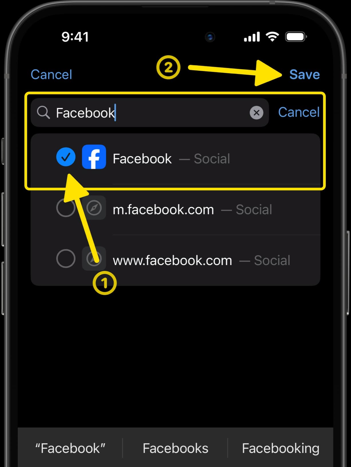 Search for Facebook in Screen Time list with arrow pointing to Save button after selection.