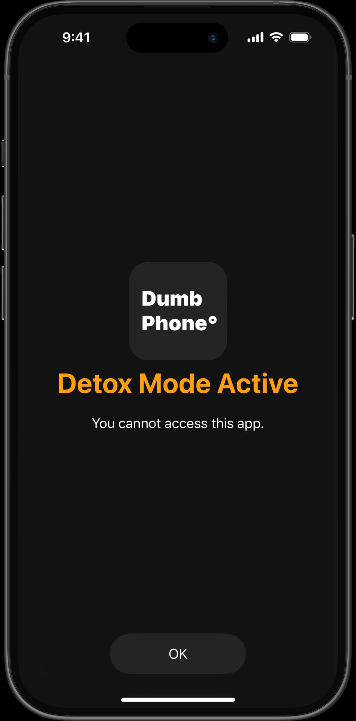 Dumb Phone app displaying Detox Mode Active message, indicating app access is blocked.