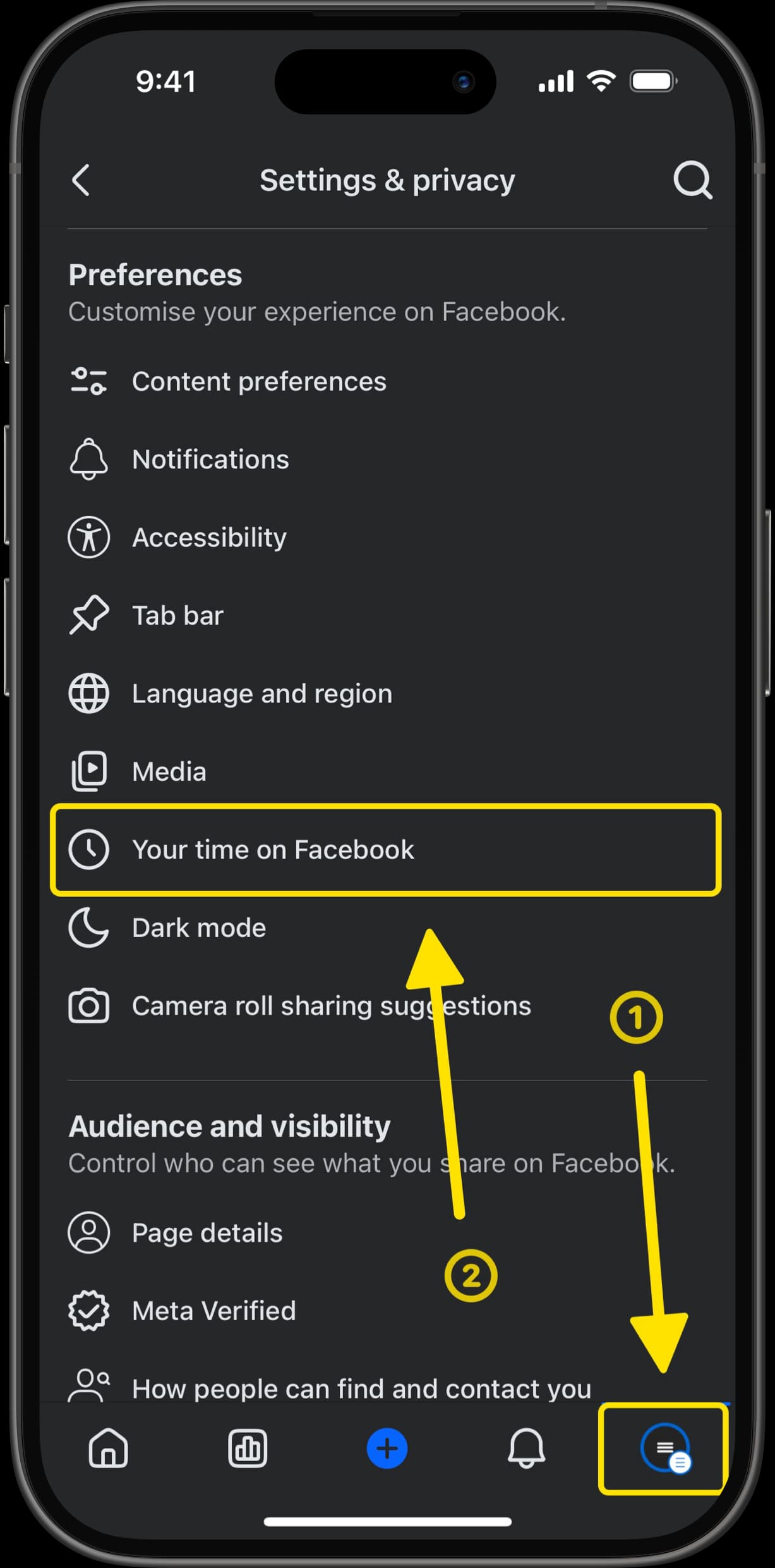 Facebook Settings & Privacy menu with arrows pointing to 'Your time on Facebook' option and the menu icon.