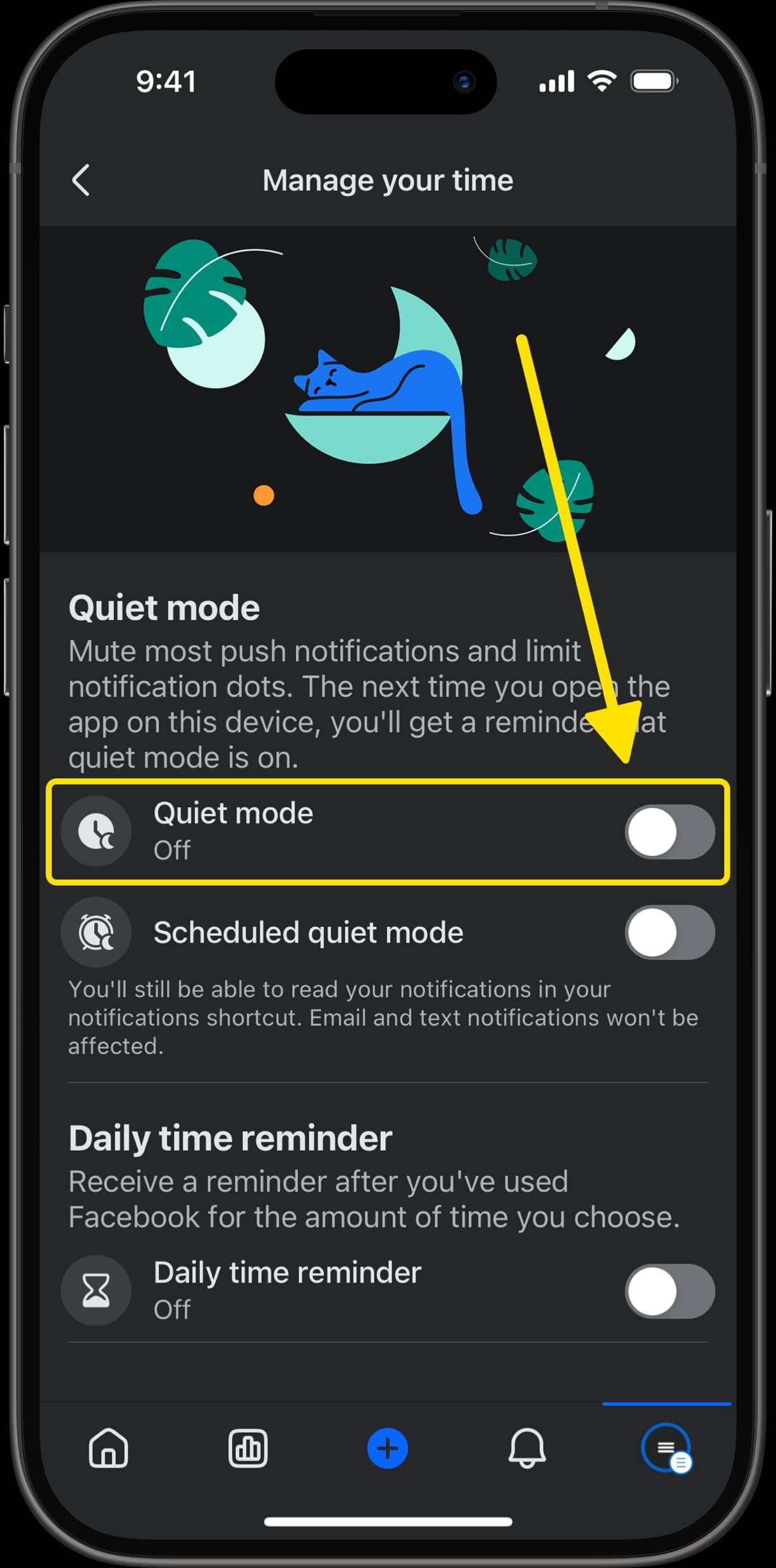 Manage your time screen with arrow pointing to Quiet mode toggle, currently turned off.