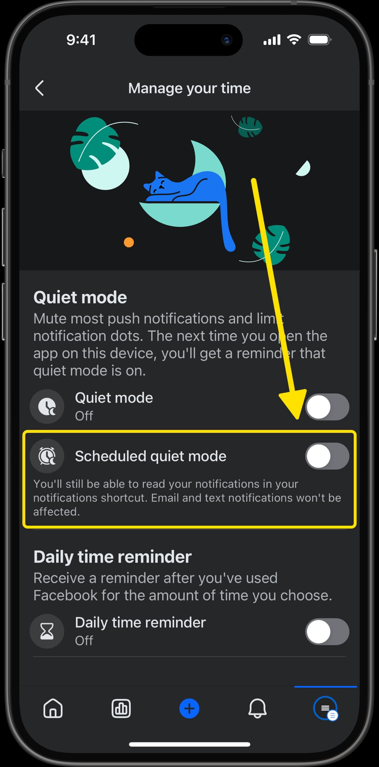 Manage your time screen with arrow pointing to Scheduled quiet mode toggle, currently turned off.