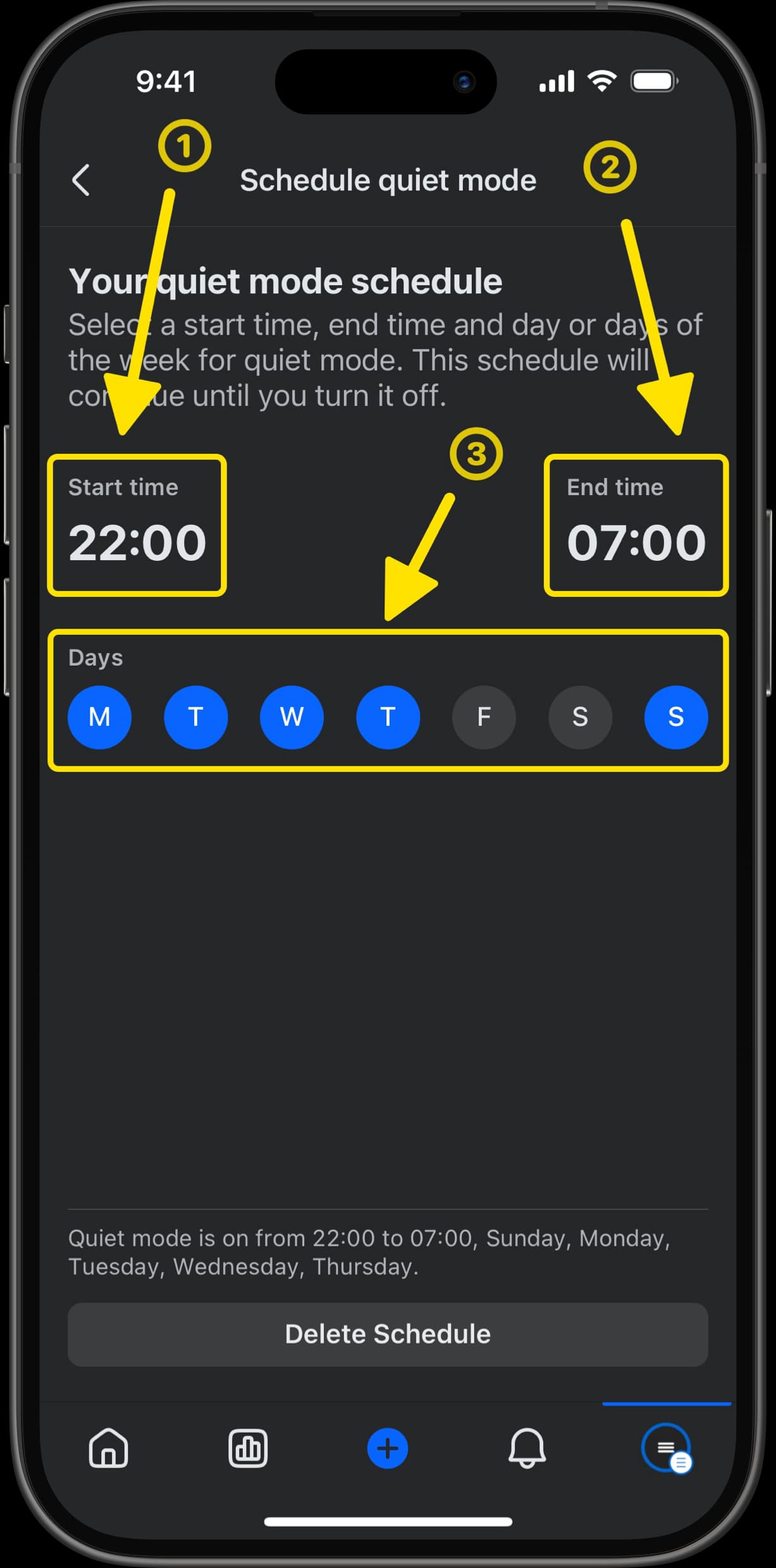 Schedule quiet mode screen with arrows pointing to start time set at 22:00, end time at 07:00, and selected days Monday to Thursday and Sunday.