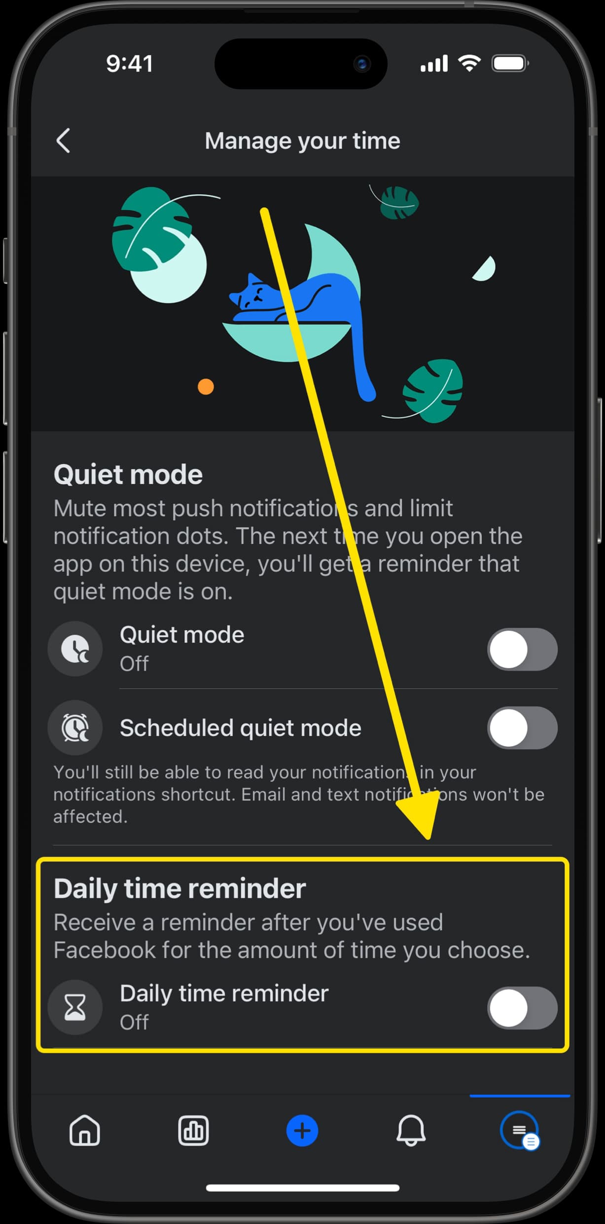 Manage your time screen with arrow pointing to Daily time reminder toggle, currently turned off.