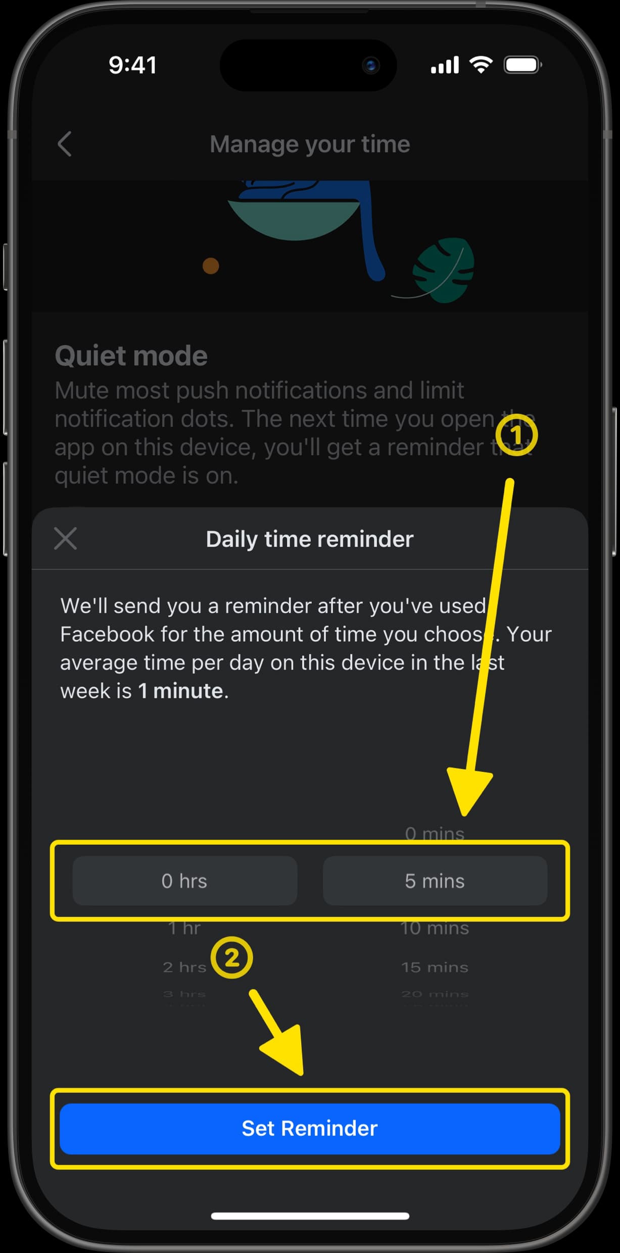 Daily time reminder settings with arrows pointing to time set for 0 hours and 5 minutes, and the Set Reminder button.