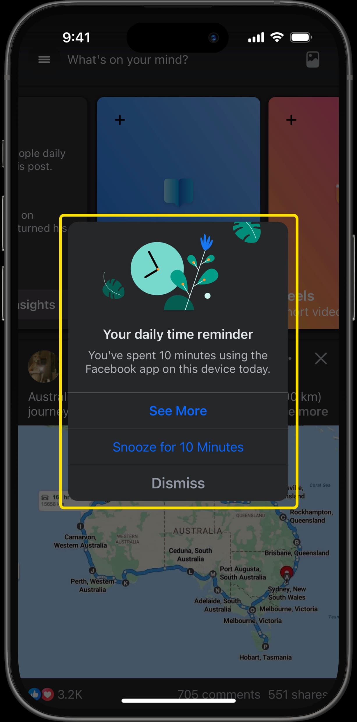 Daily time reminder notification on Facebook, showing 10 minutes spent with options to see more, snooze, or dismiss.