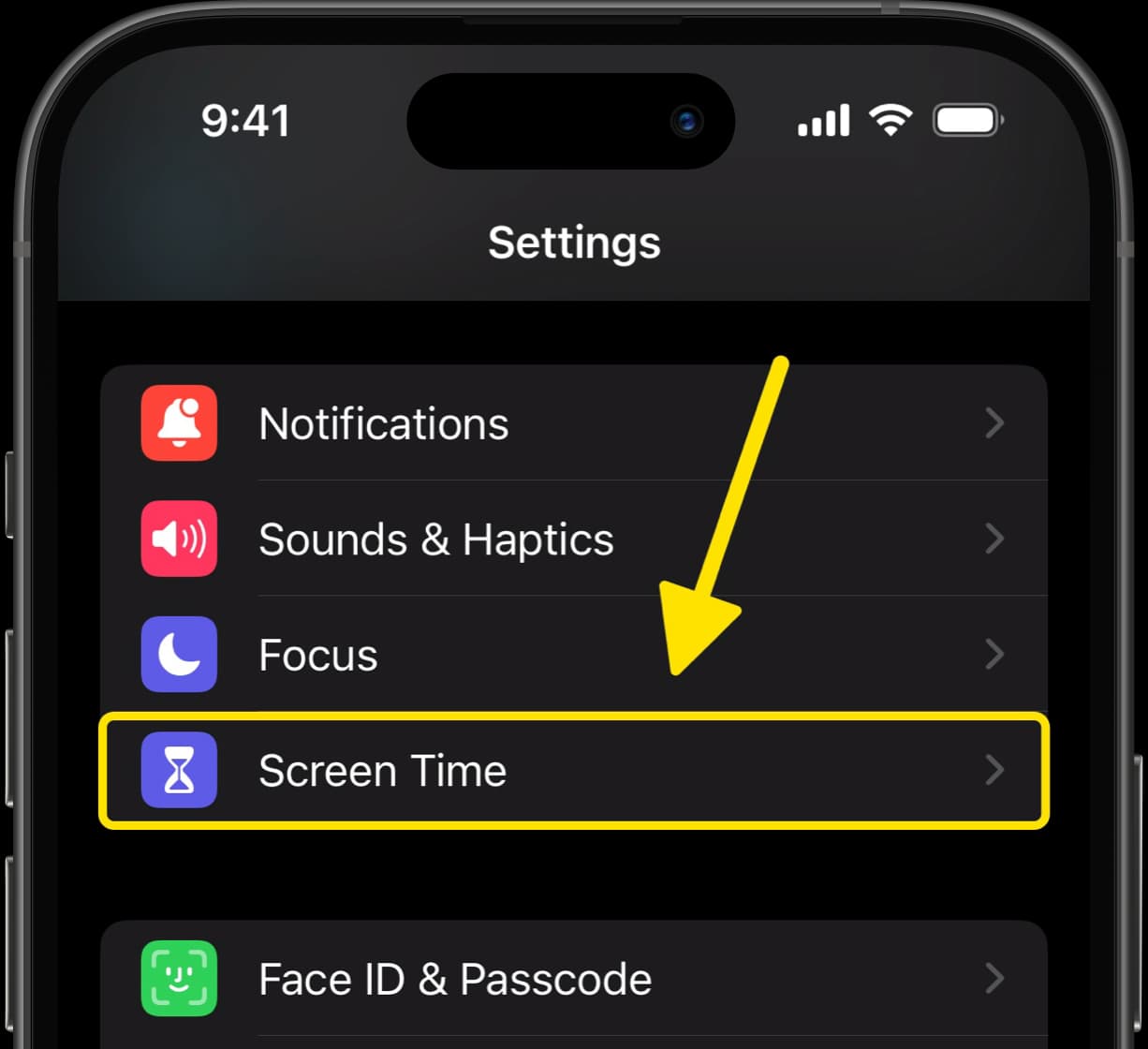 iPhone settings menu with Screen Time highlighted to block Facebook.