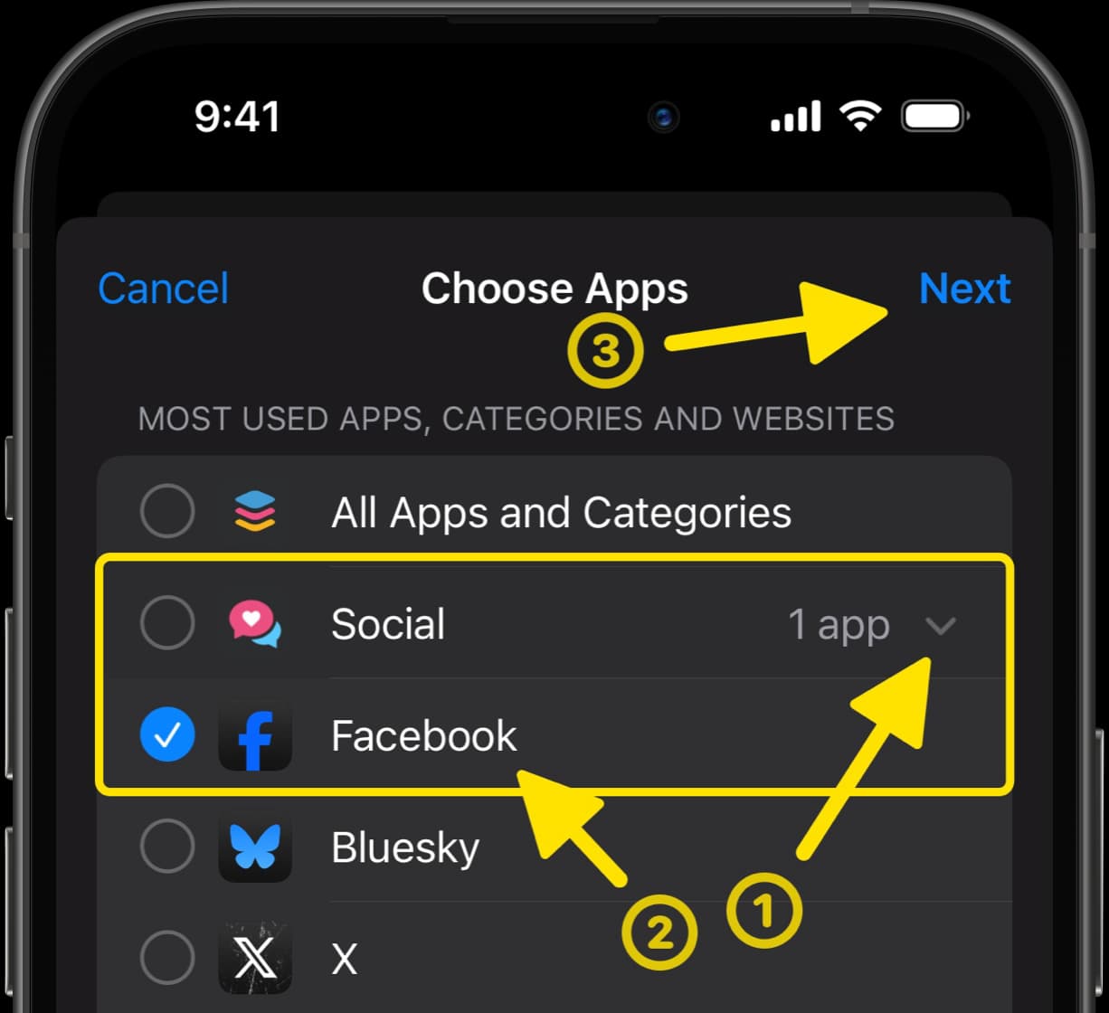 Choose Apps screen, highlighting Facebook under Social category with steps to select and proceed.