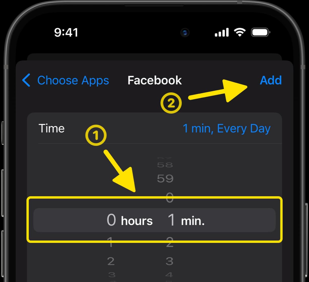 Set time limit for Facebook to 1 minute with arrows indicating the time selection and Add button.