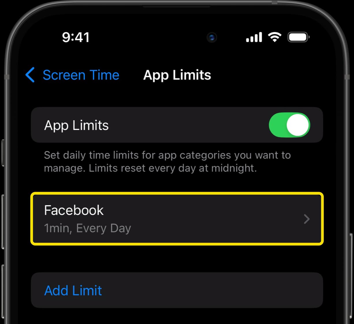 App Limits screen showing Facebook set for 1 minute every day.