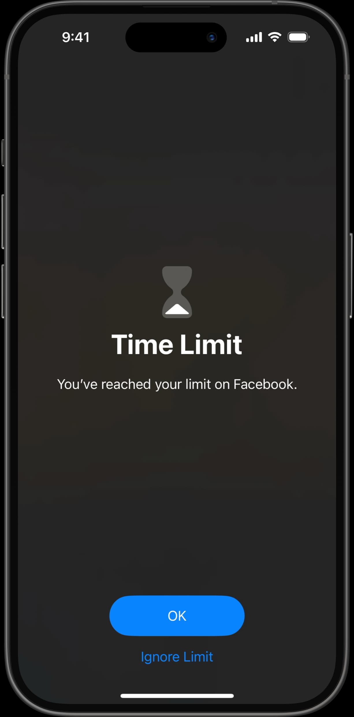 Time Limit notification on iPhone indicating Facebook usage limit reached.