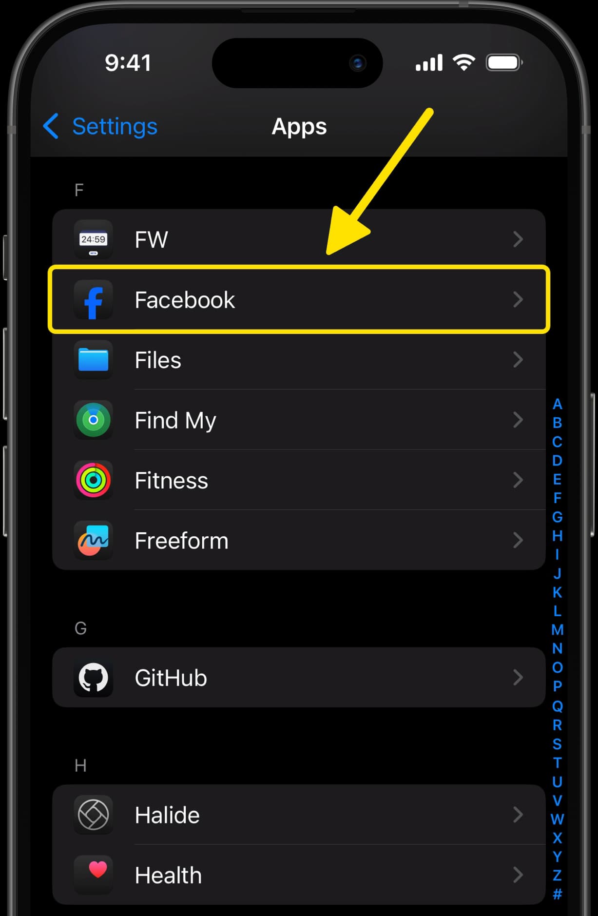 Apps settings screen with arrow pointing to Facebook option.