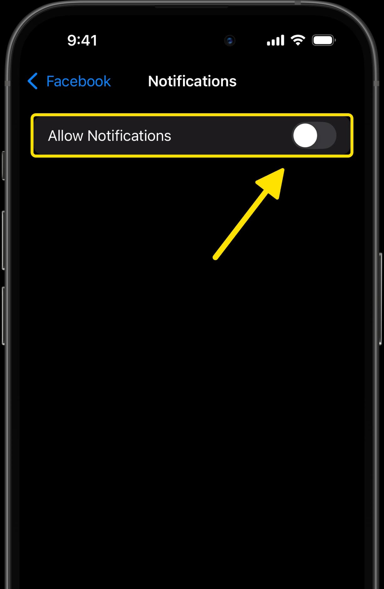 Facebook Notifications settings with arrow pointing to Allow Notifications toggle switched off.