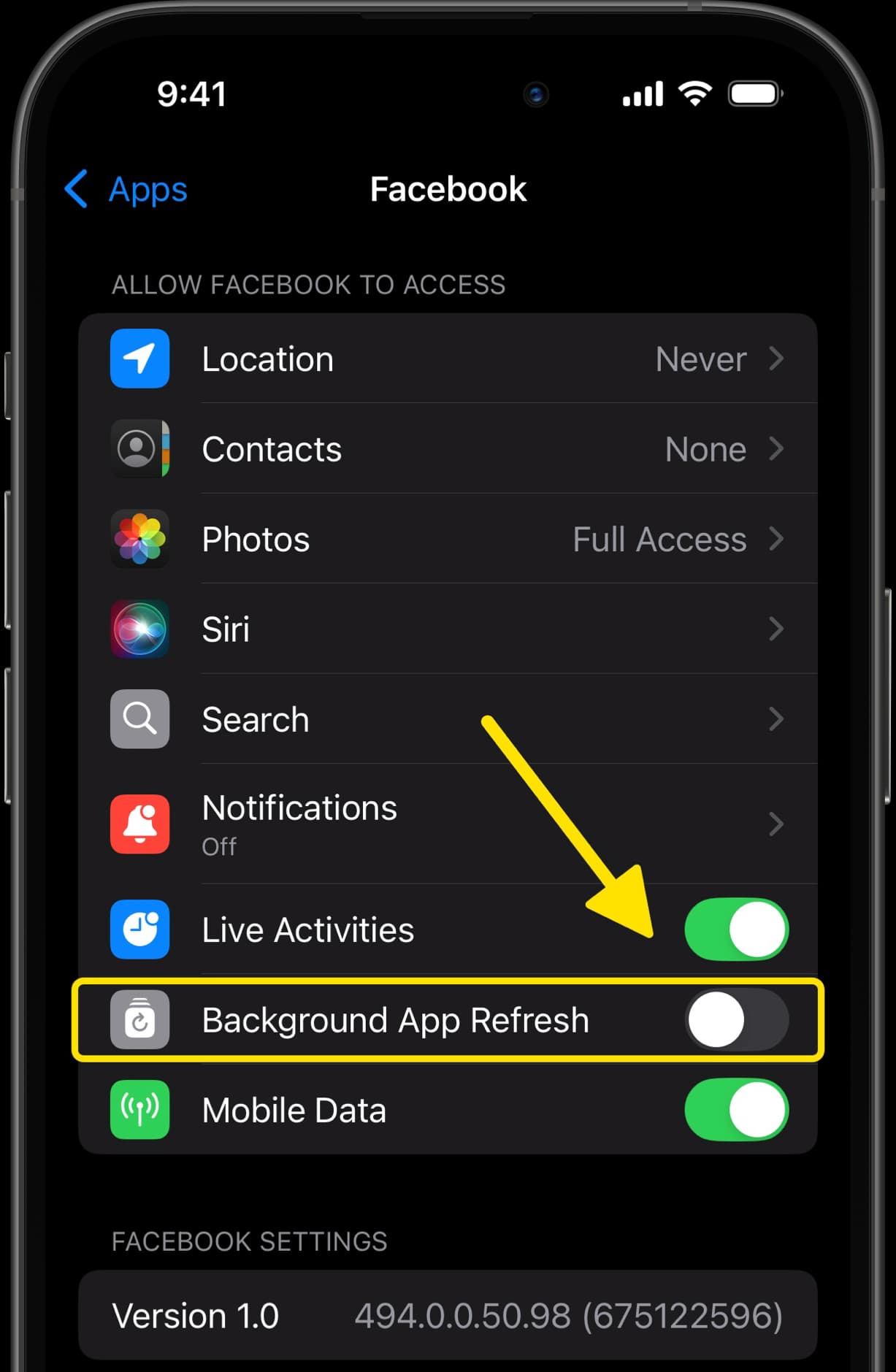 Facebook settings with arrow pointing to Background App Refresh option, showing it turned off.