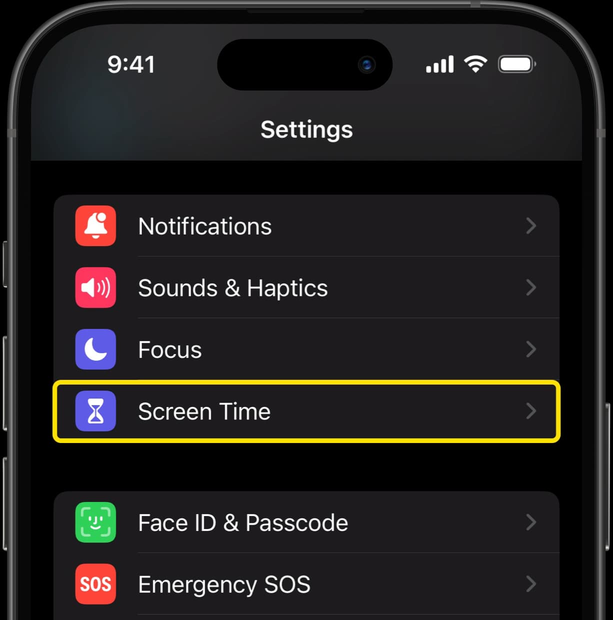 iPhone Settings menu with Screen Time option highlighted.