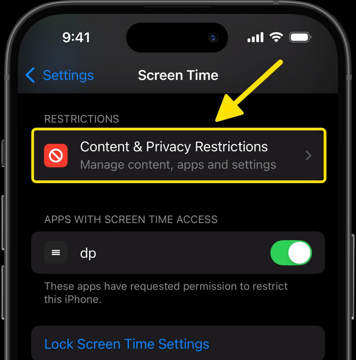 Screen Time settings with arrow pointing to Content & Privacy Restrictions option.