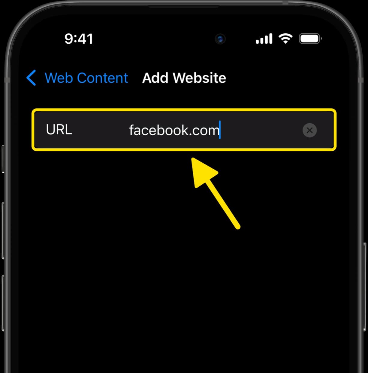 Add Website screen with facebook.com typed in URL field and highlighted.