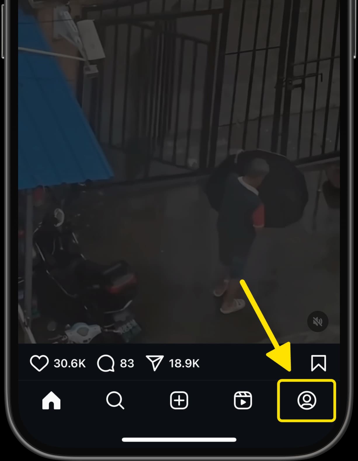Instagram app with arrow pointing to profile icon at the bottom right.
