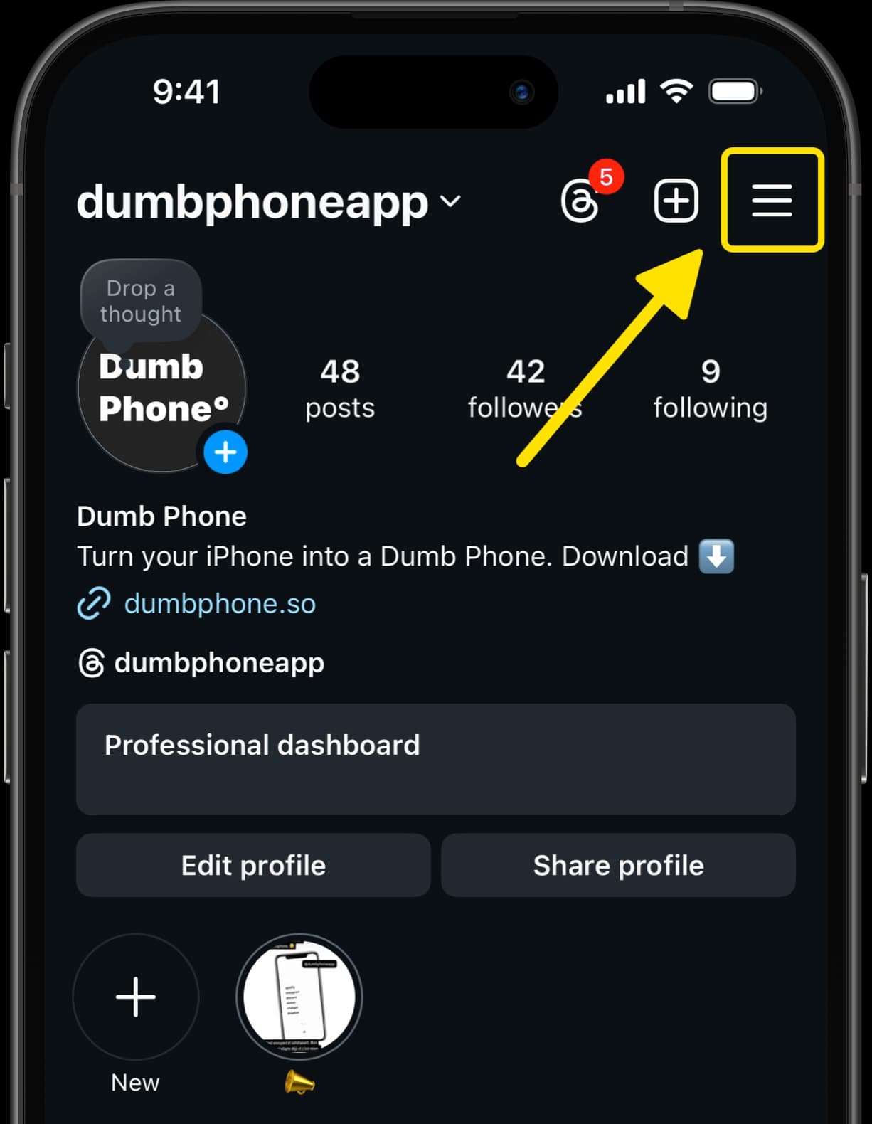 Instagram profile page with arrow highlighting menu icon in the top right corner.