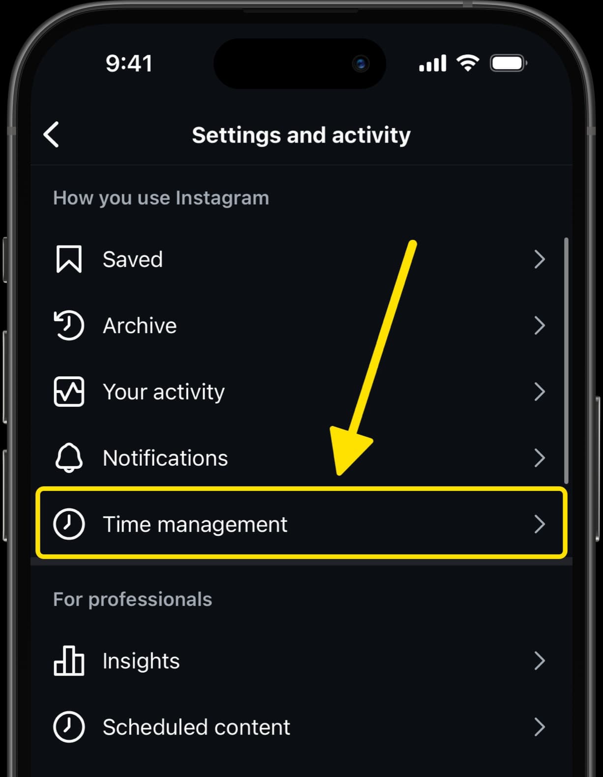 Settings and activity menu with arrow pointing to Time management option.