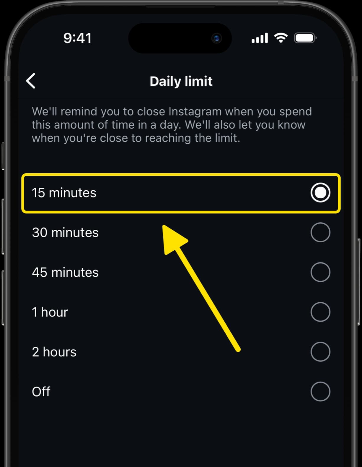 Daily limit settings screen with arrow indicating the selection of a 15-minute limit.