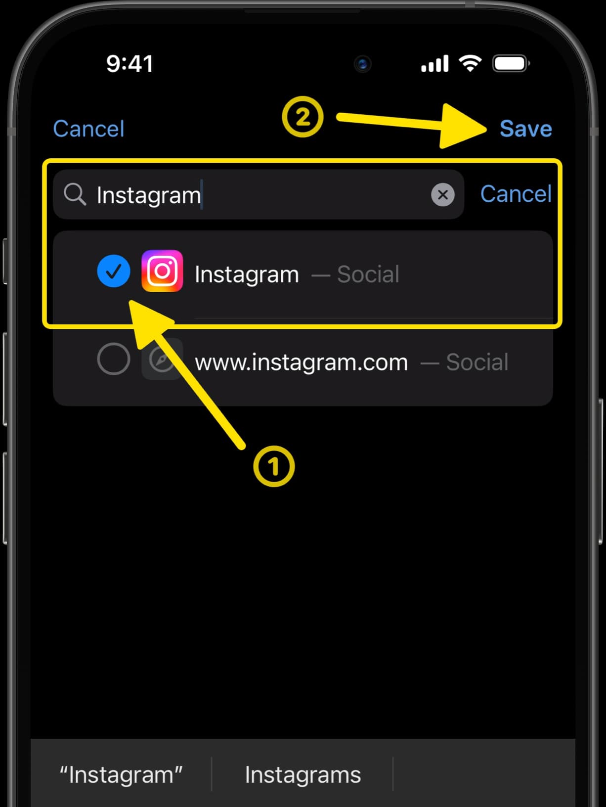 Search for Instagram in Screen Time list with arrow pointing to Save button after selection.