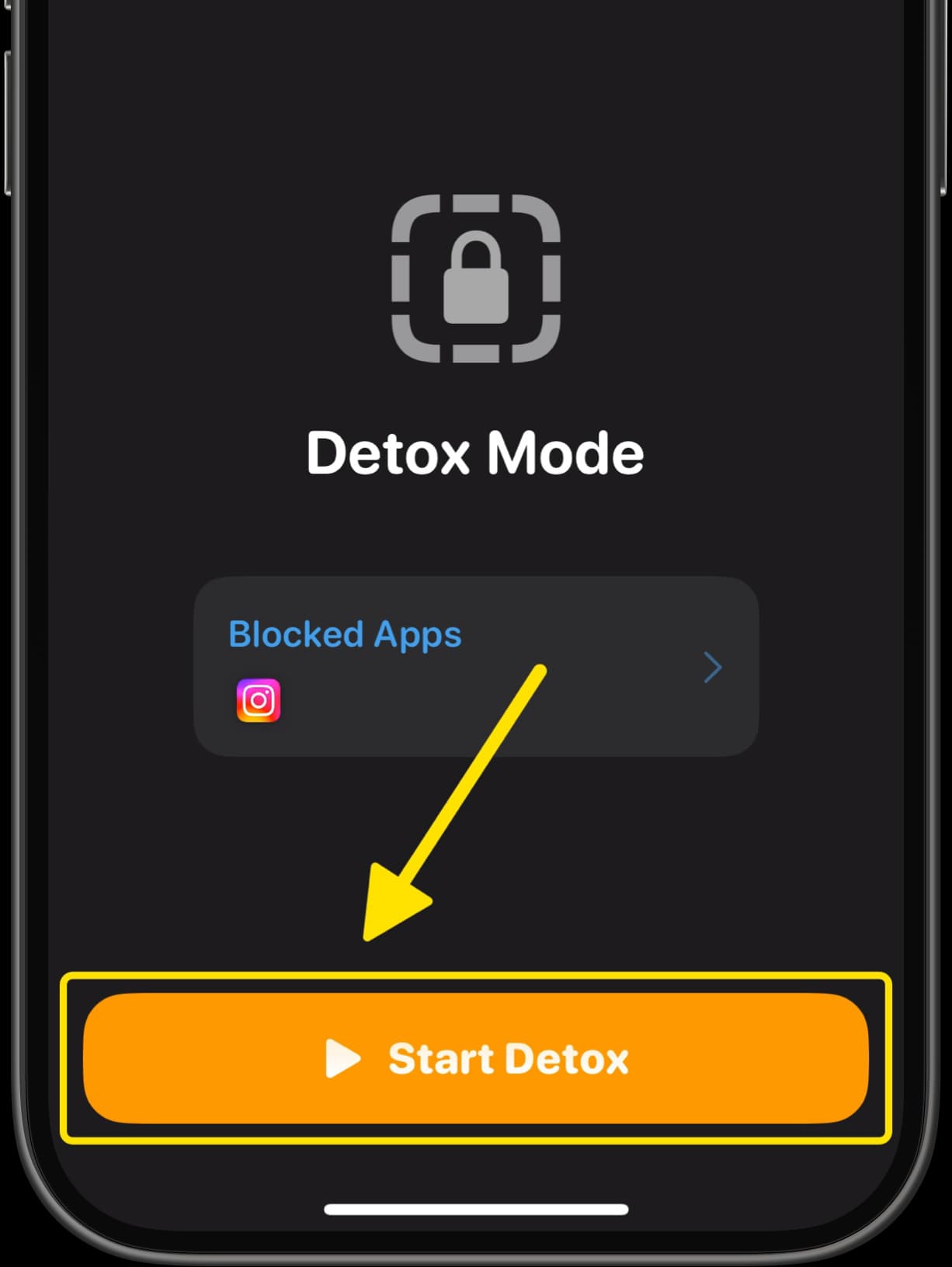 Dumb Phone Detox Mode screen showing Instagram listed under Blocked Apps with Start Detox button highlighted.