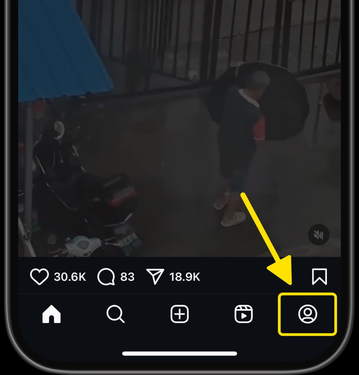 Instagram app with arrow pointing to profile icon at the bottom right.
