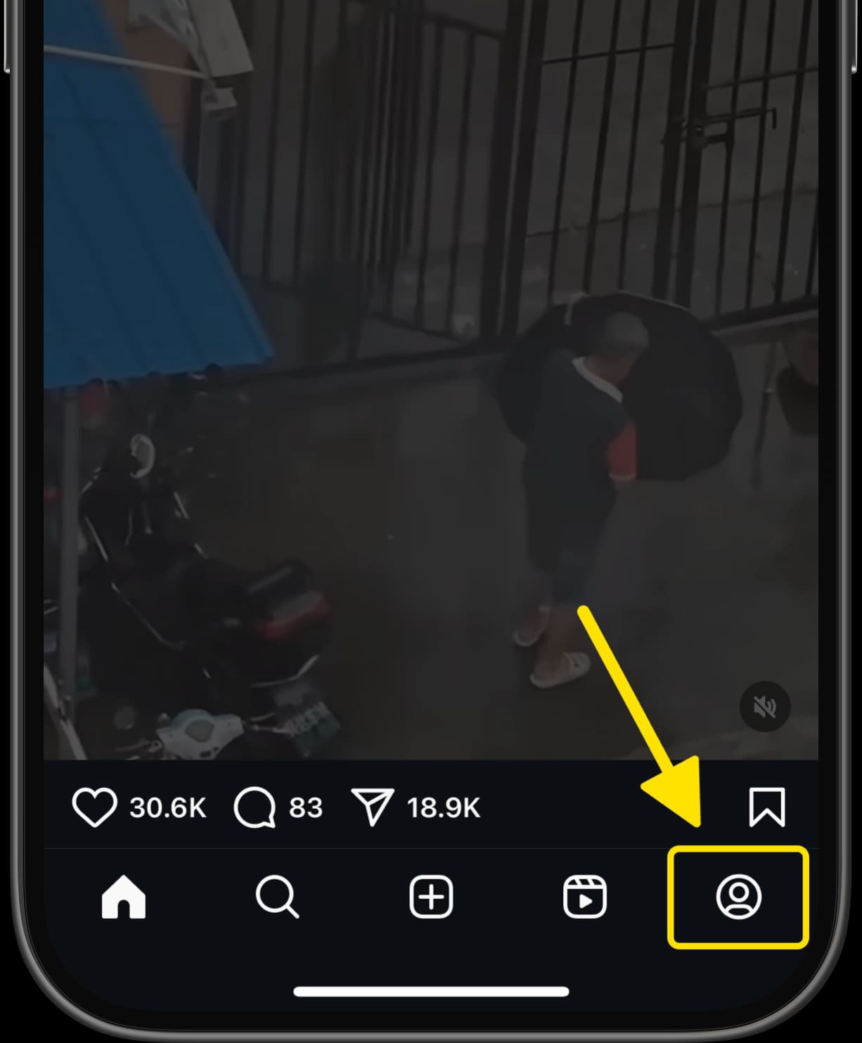 Instagram app with arrow pointing to profile icon at the bottom right.