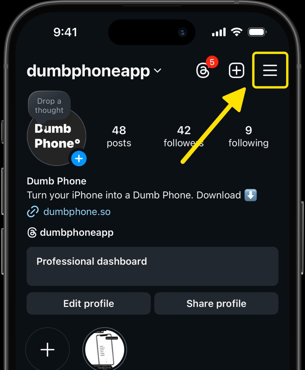 Instagram profile page with arrow highlighting menu icon in the top right corner.