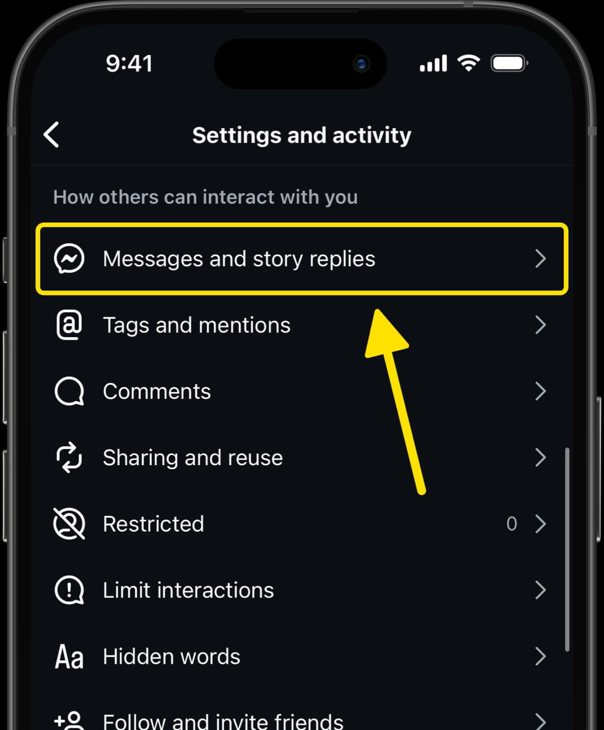 Settings and activity menu with arrow pointing to Messages and story replies option.
