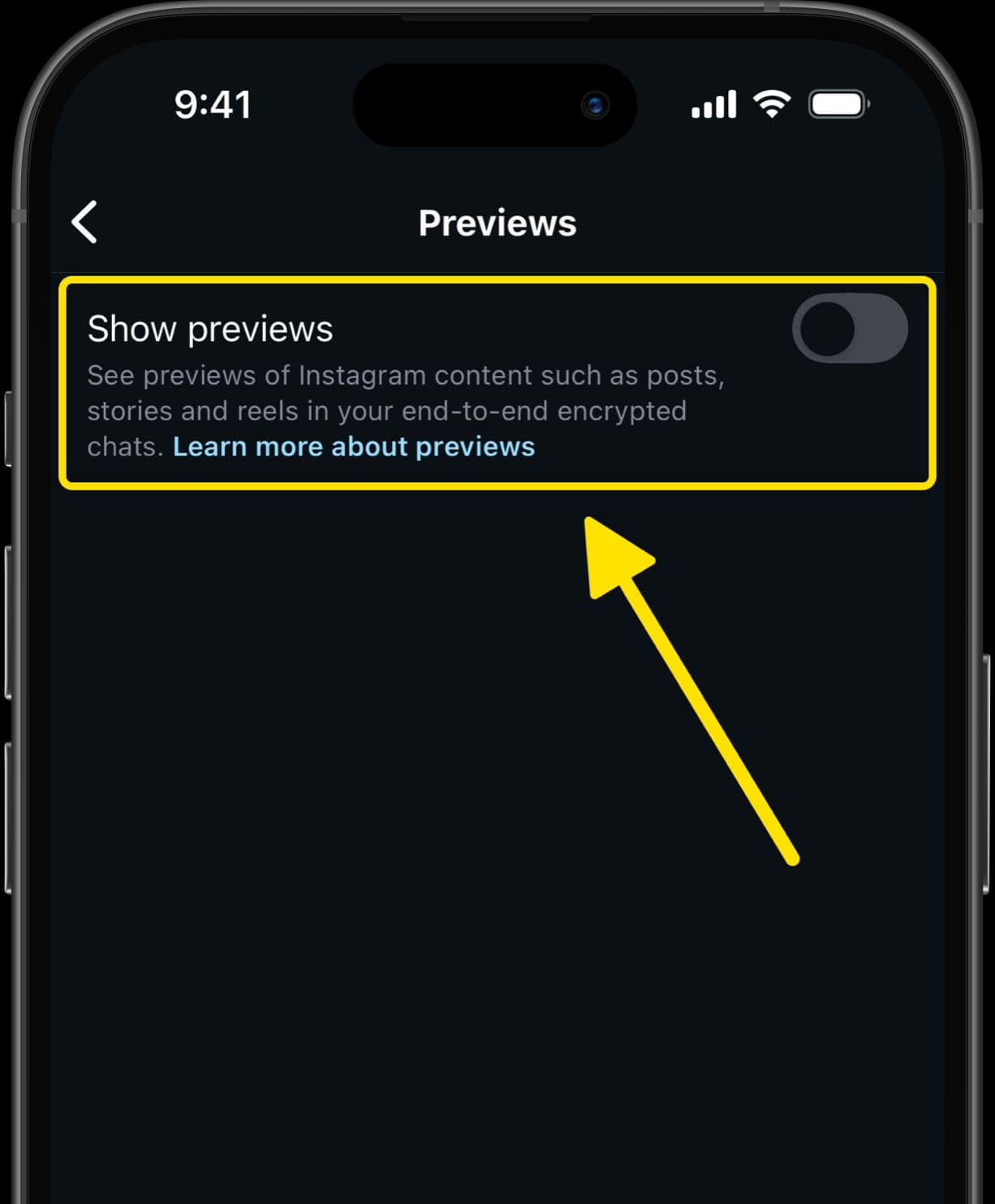 Previews settings screen with arrow pointing to toggle for disabling message previews.