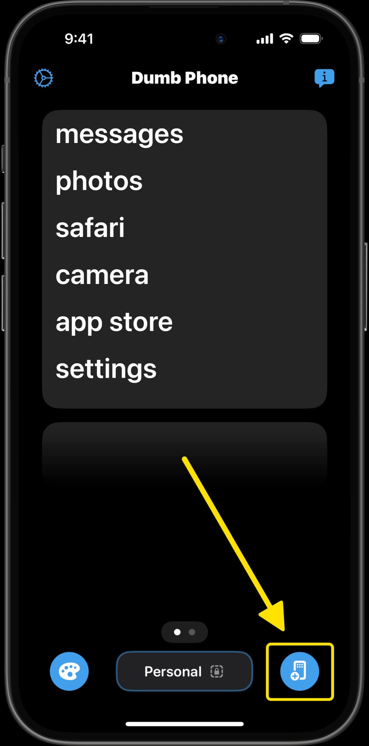 Dumb Phone app interface with a list of apps and arrow pointing to the add icon at the bottom right.