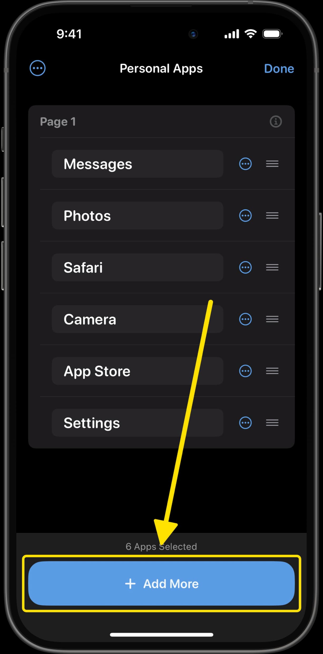 Personal Apps screen in Dumb Phone app with arrow pointing to Add More button.