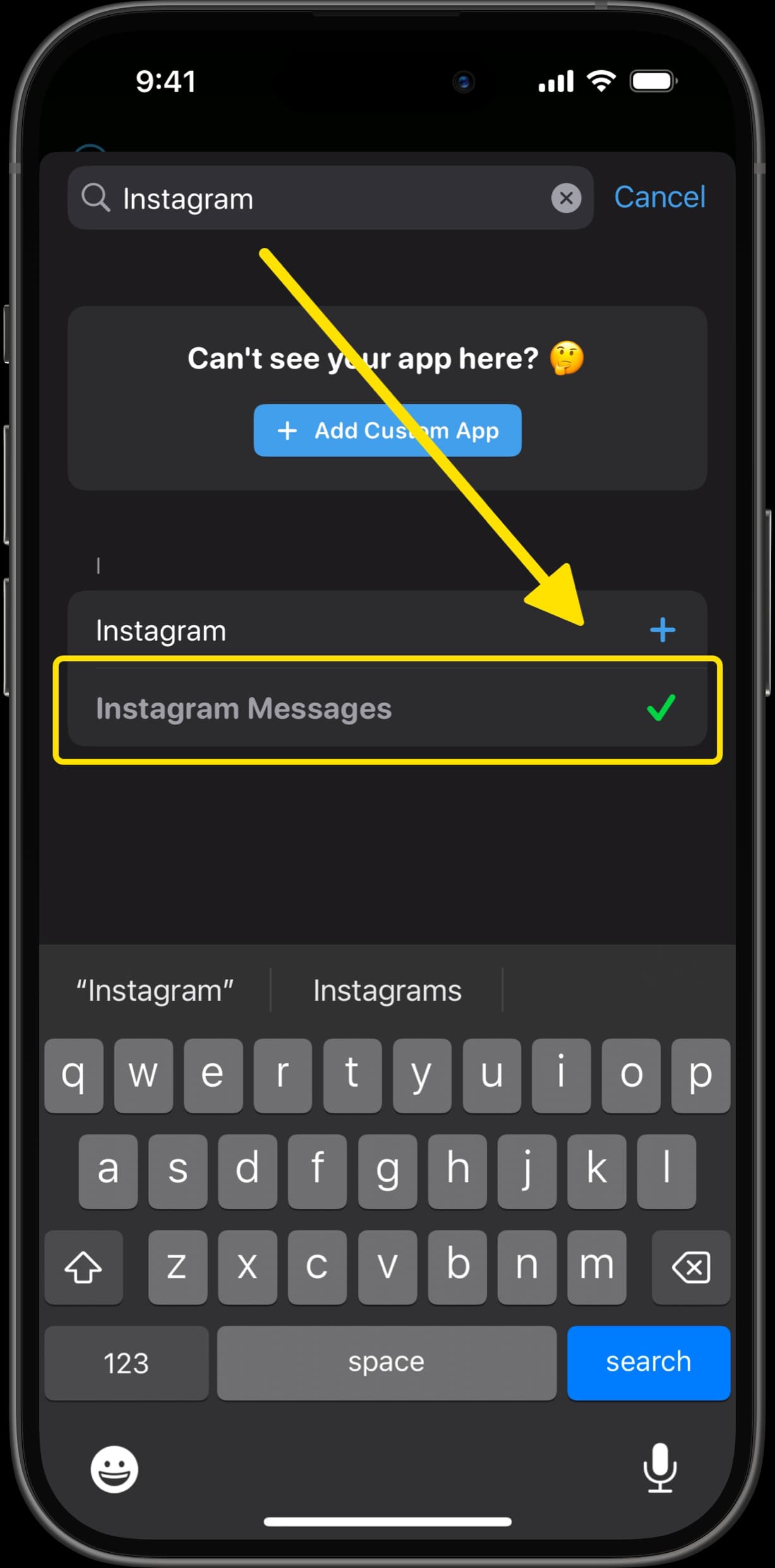 Search screen in Dumb Phone app with arrow highlighting Instagram Messages option.