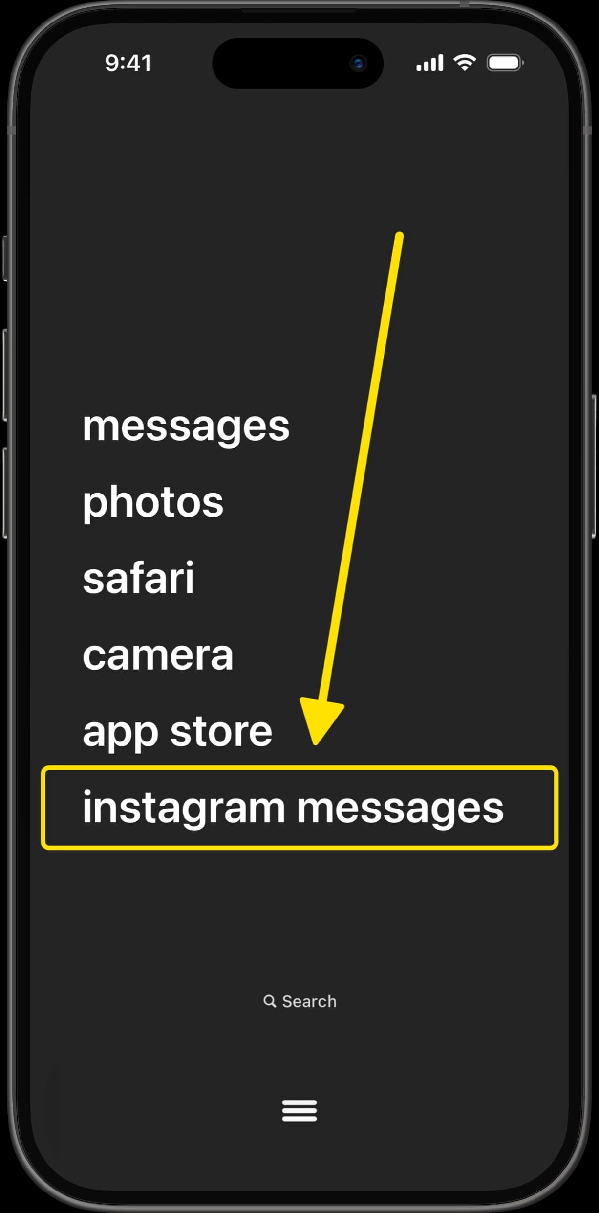 Dumb Phone app interface showing Instagram Messages added to the app list with arrow pointing to it.