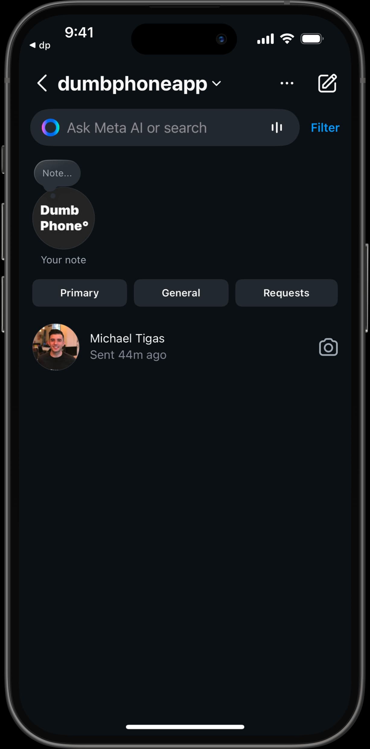 Instagram Messages screen open in Dumb Phone app, showing messages list.