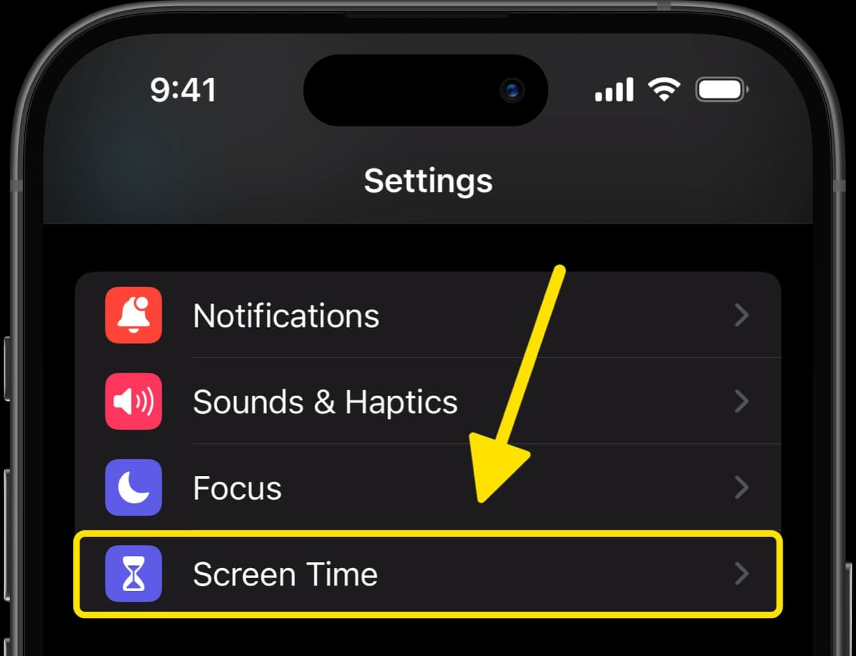 iPhone settings menu with Screen Time highlighted to block Instagram.