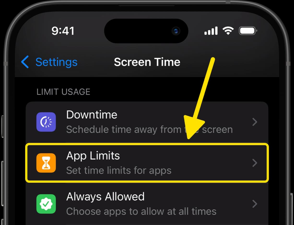 Screen Time settings with an arrow pointing to App Limits option.