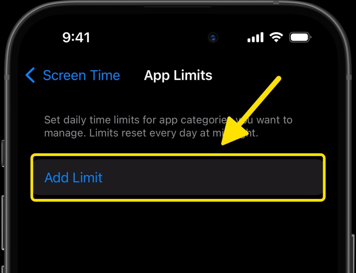 App Limits screen with an arrow indicating the Add Limit button.