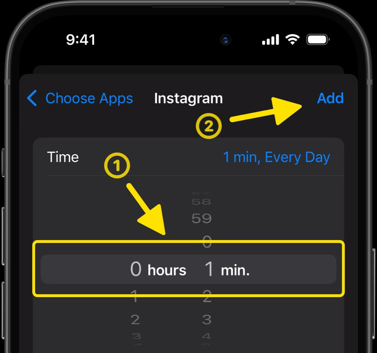Set time limit for Instagram to 1 minute with arrows indicating the time selection and Add button.