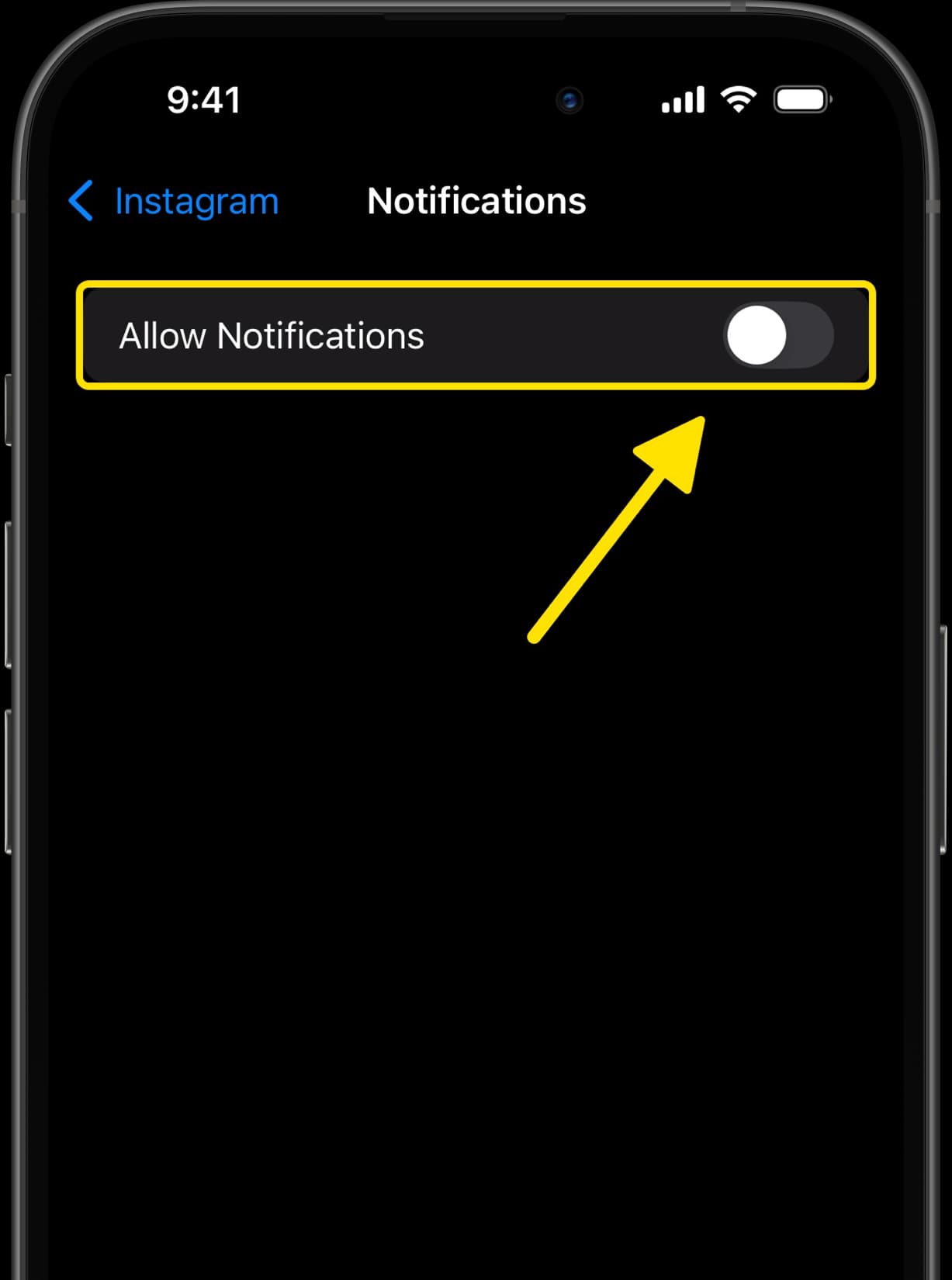 Instagram Notifications settings with arrow pointing to Allow Notifications toggle switched off.