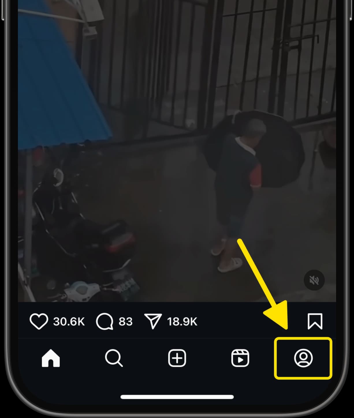Instagram app with arrow pointing to profile icon at the bottom right.