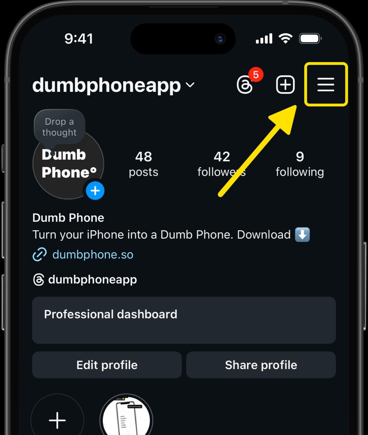 Instagram profile page with arrow highlighting menu icon in the top right corner.