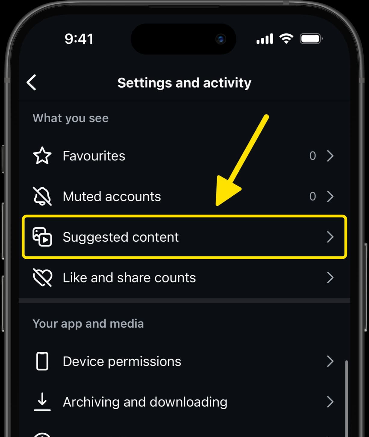 Settings and activity menu in Instagram with arrow pointing to Suggested content option.