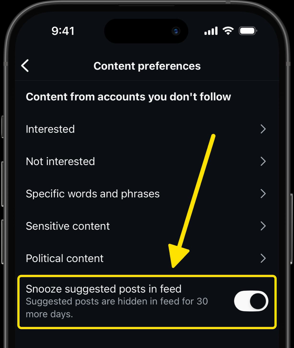 Content preferences screen showing toggle to snooze suggested posts in feed.