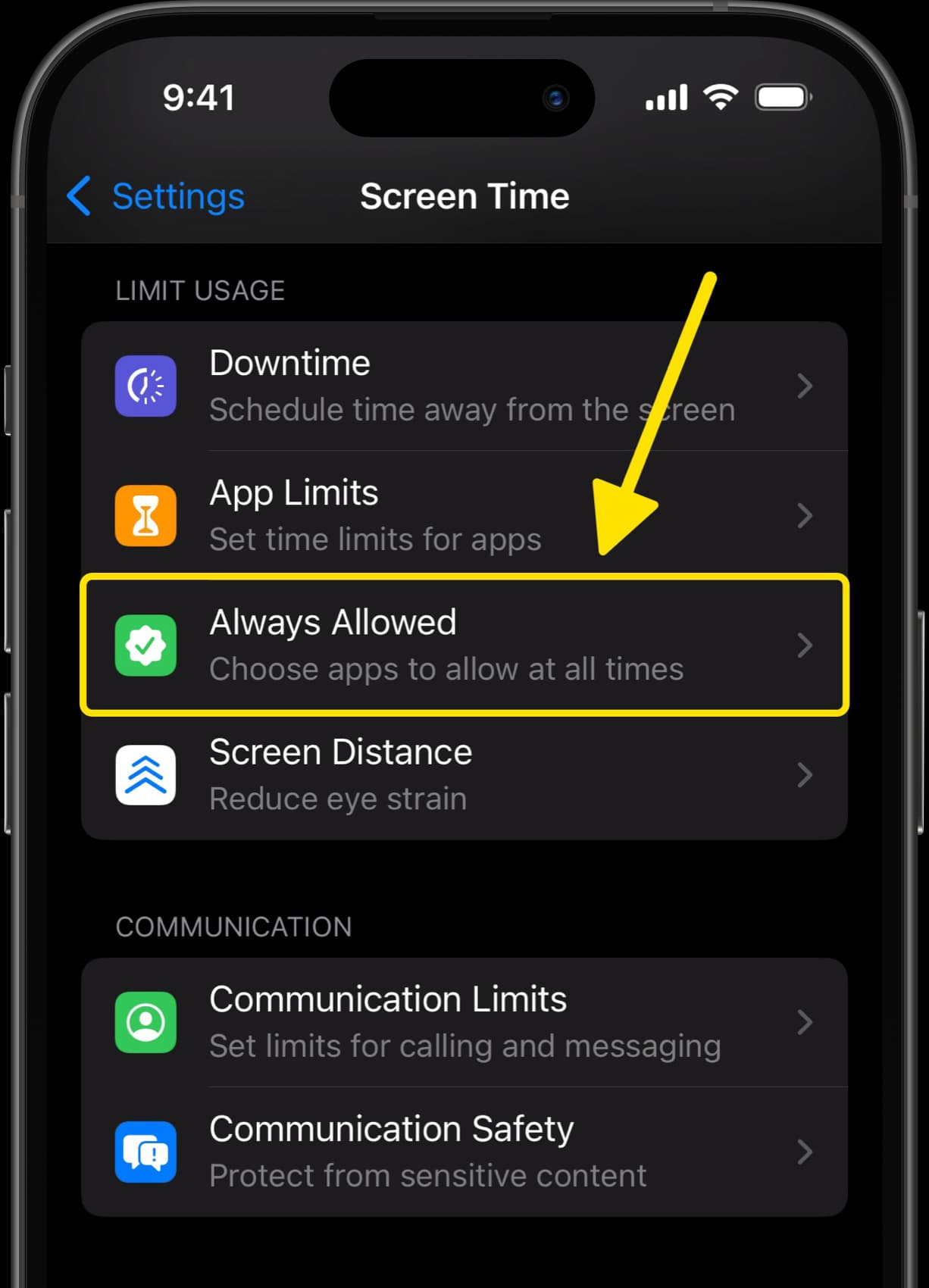 iPhone Screen Time settings with arrow pointing to Always Allowed option.