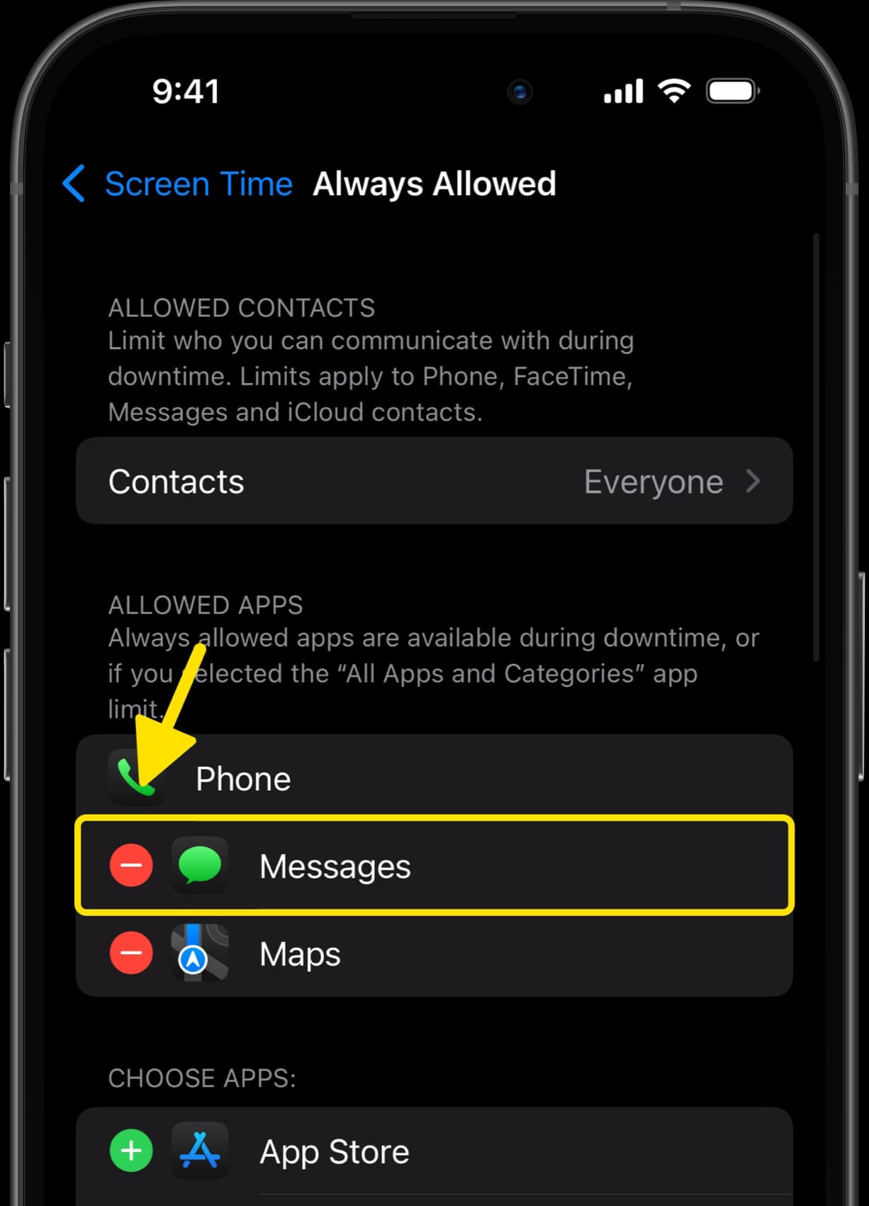 Always Allowed settings with arrow pointing to Messages app under Allowed Apps.