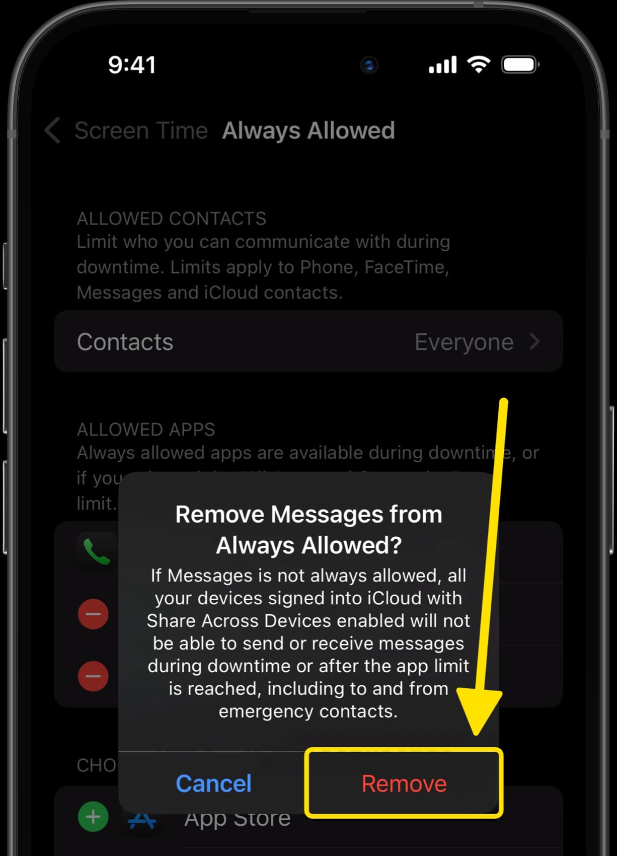 Confirmation prompt to remove Messages from Always Allowed, with arrow pointing to Remove button.