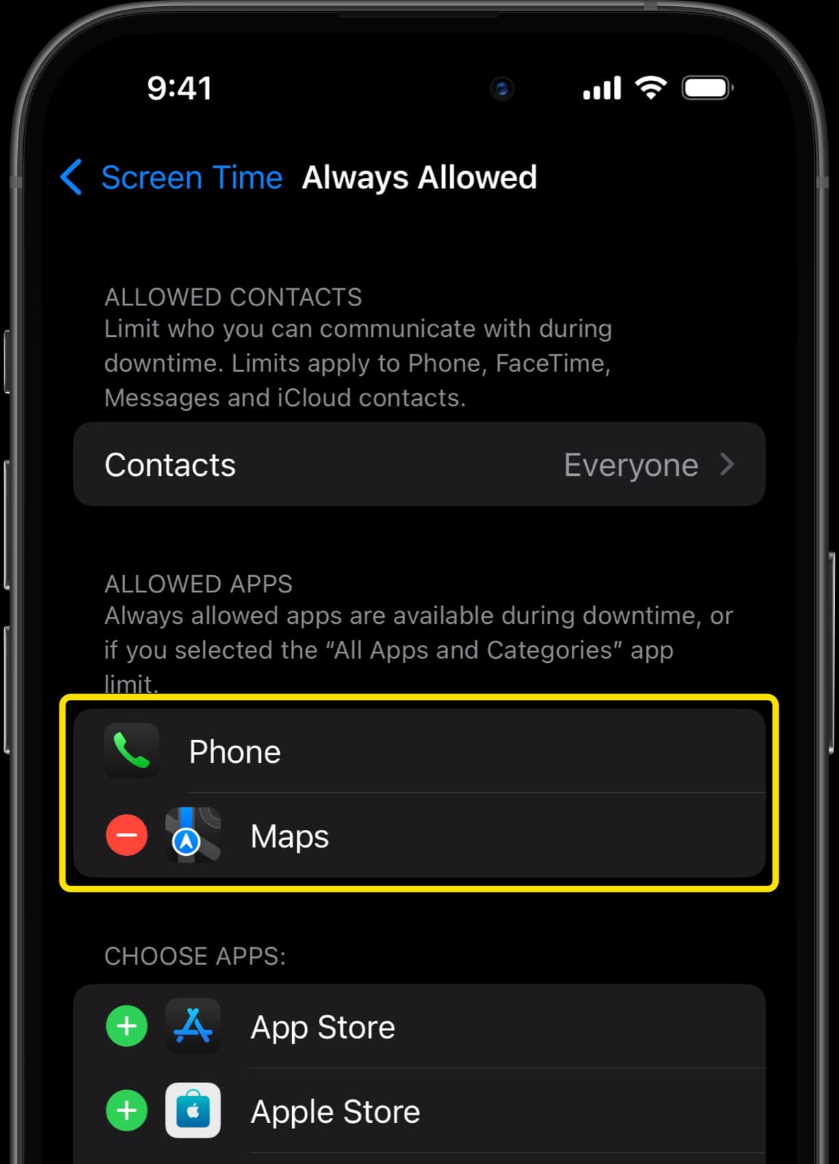 Always Allowed settings showing Phone and Maps apps, with Messages removed from the list.