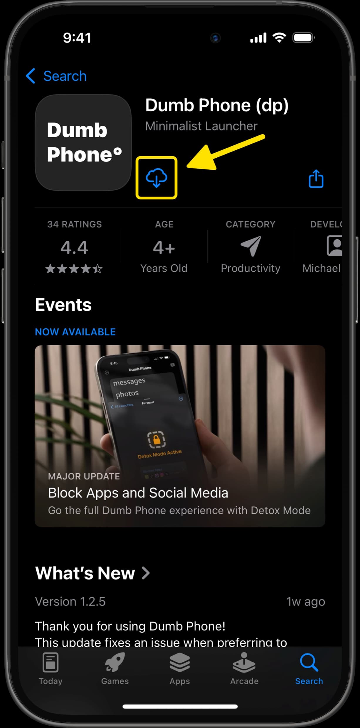 App Store page for Dumb Phone app with arrow pointing to download button.